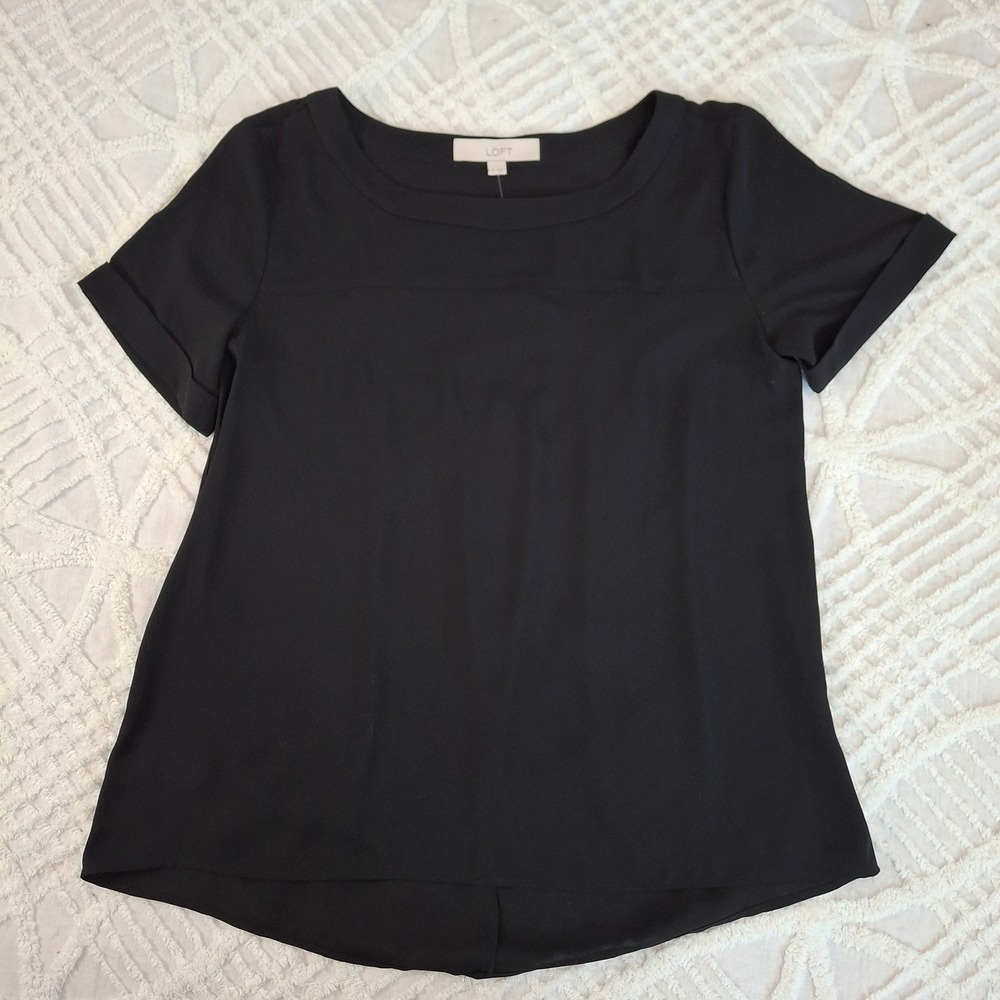 LOFT Women's Small Black Short Sleeve Cuffed Crew Neck Chiffon Blouse Top NWT